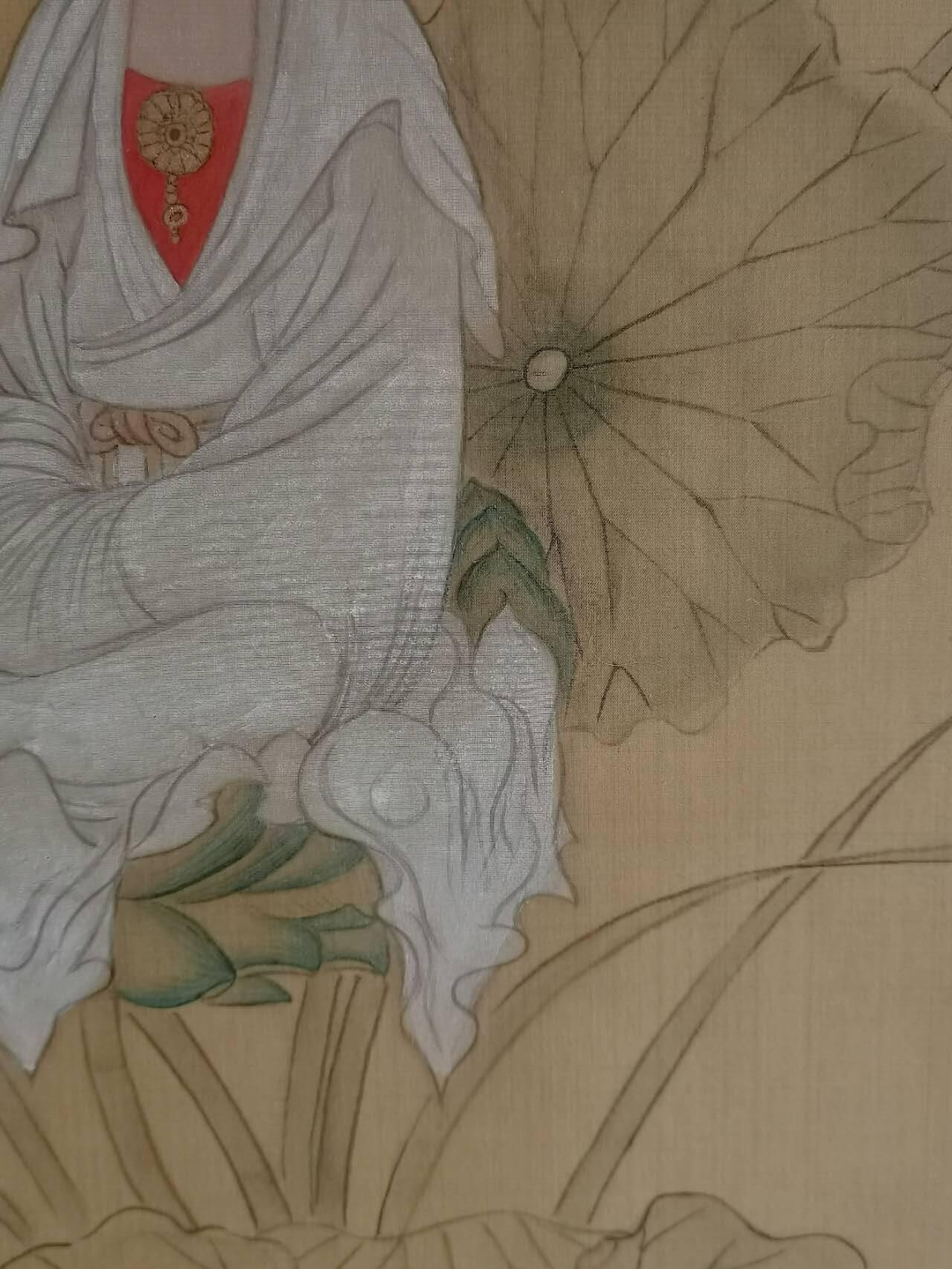 绢本手工《白衣大士静修图》工笔古法 香堂静谧观音 