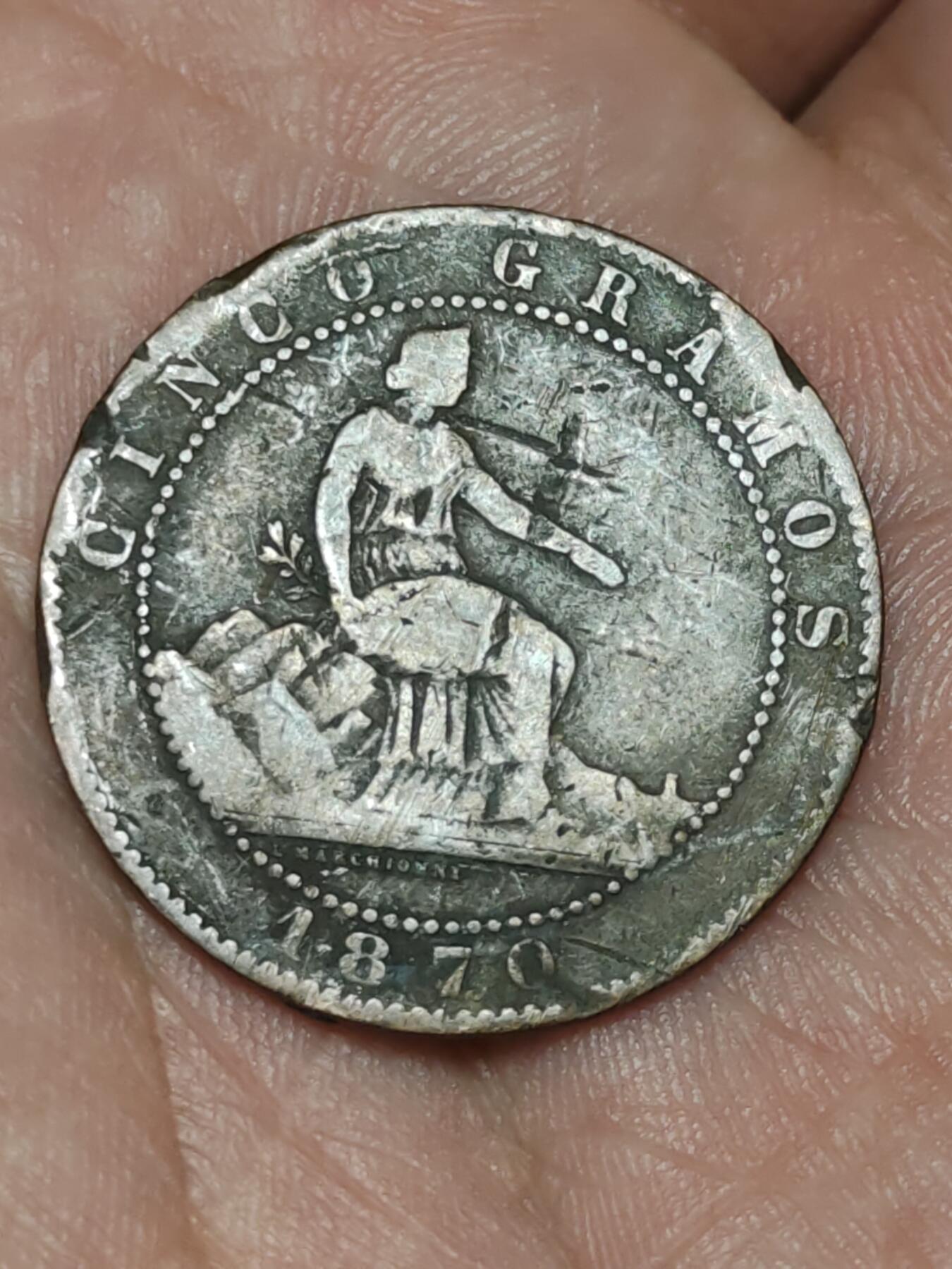 2026年第三十九场(总第二百零八场）外国好品散币场(免佣金) 西班牙1870单年份5分(临时政府时期，OM八角星标，巴塞罗那造)