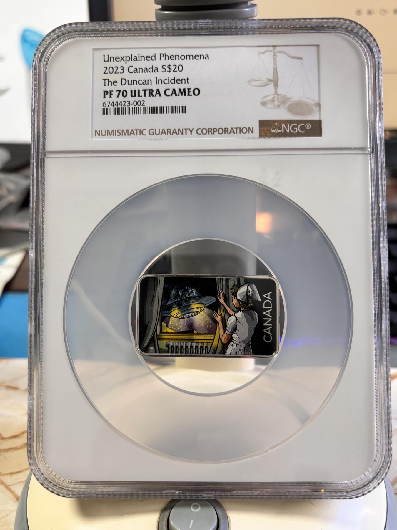 第196期拍卖 加拿大2023年UFO不明飞行物邓肯事件银币NGC-PF70，9999银，发行7500枚