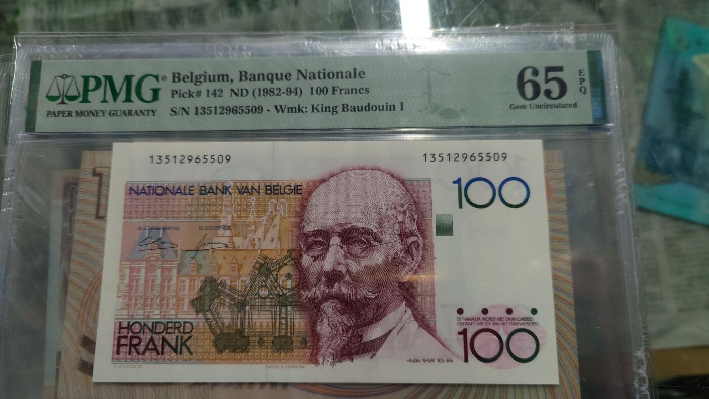 世界钱币～微拍第242期暨2026年第23期  老库存每款各1-2张清仓低价起拍 比利时100法郎 长号无47 PMG65E