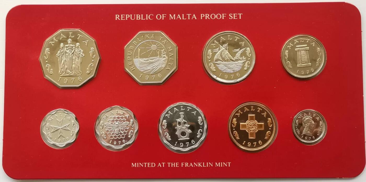 精品币专拍场 原盒证Proof-1 马耳他1976年精制硬币9枚套币全套1-2-3-5-10-50分