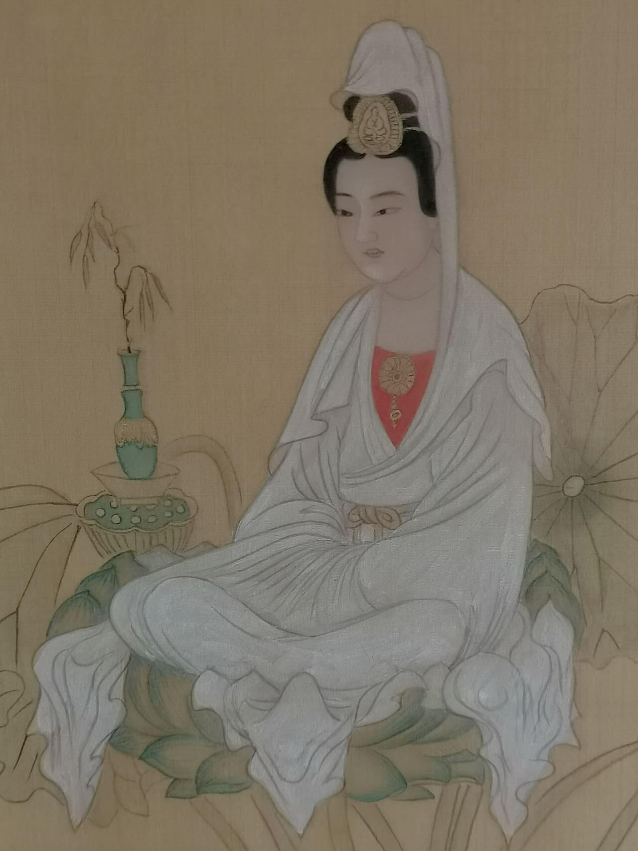 绢本手工《白衣大士静修图》工笔古法 香堂静谧观音 