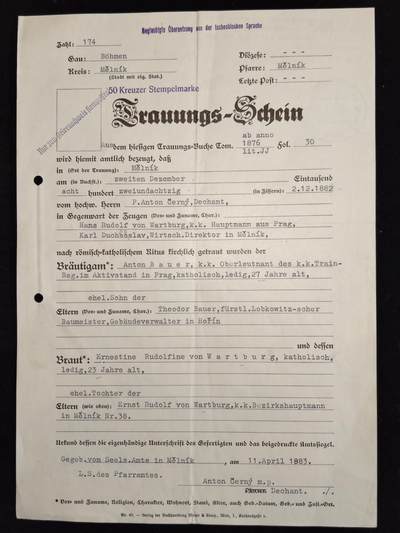 凯旋世界勋赏（第23期）（欢迎送拍）（对拍品有疑问请询问客服，不接受到手刀，出价默认拍品品相。请认真阅读拍卖规则！出价默认已认可！）（收到货请录制开箱视频，无视频概不处理问题。） - 德三 安东·鲍尔 与 厄内斯廷·鲁道夫·冯·瓦特堡 1882年的结婚证书 于1939年在维也纳从捷克语翻译成德语的文件，由法院翻译官亲笔签名签发