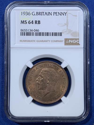 《竞宝斋》第476场 周日，周一 2场连拍 （全场包邮）欢迎送拍 - NGC MS64RB 英国1936乔五1便士 英系经典品种 背面为不列颠女神形象 细节光度都不错