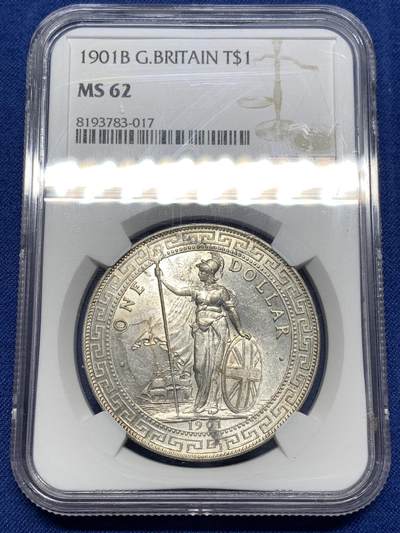 《竞宝斋》第476场 周日，周一 2场连拍 （全场包邮）欢迎送拍 - NGC MS62 英国1901年B版站洋银元 比较少见的年份 光度细节都挺不错的 可以入藏了