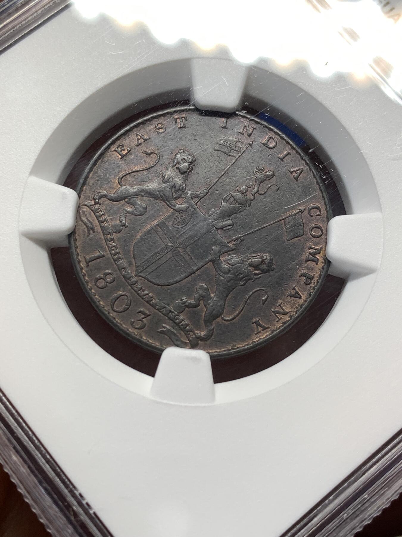 《竞宝斋》第476场 周日，周一 2场连拍 （全场包邮）欢迎送拍 NGC AU55BN 东印度公司 1803年 马德拉斯 10CASH 铜币 6.5g