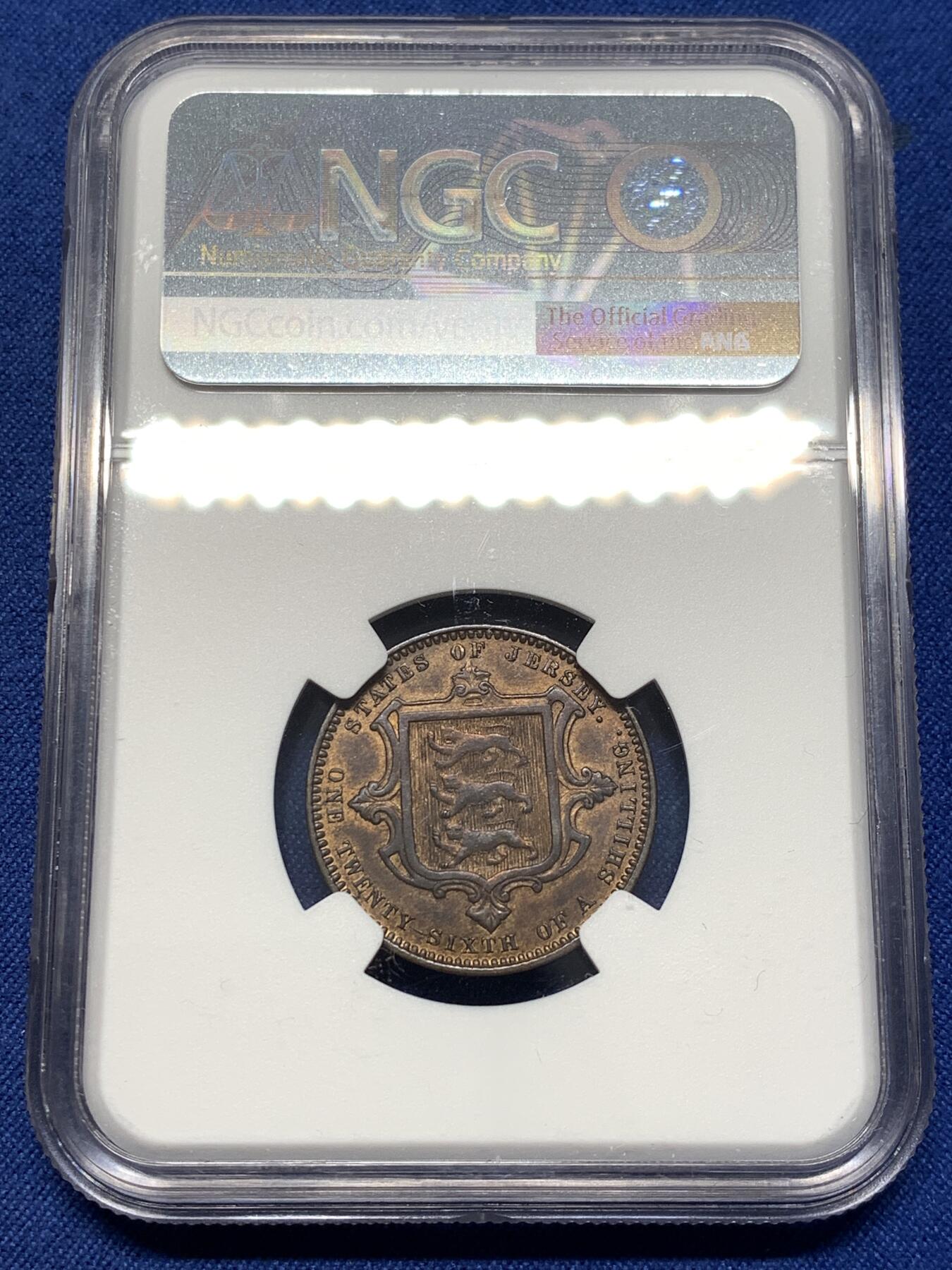 《竞宝斋》第476场 周日，周一 2场连拍 （全场包邮）欢迎送拍 NGC AU58BN 英属泽西岛1866年1/26先令铜币