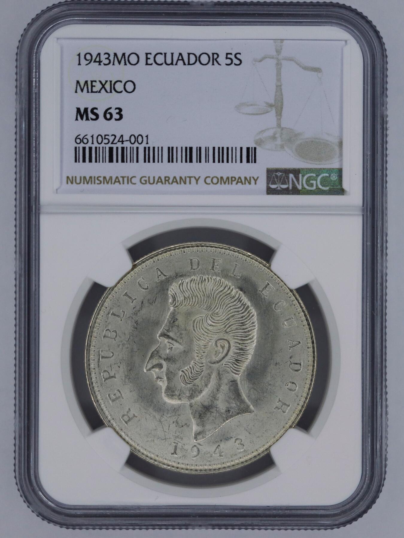 观钱 近现代机制币拍卖No.006（全场顺丰包邮，不区分偏远地区）  1943 年厄瓜多尔 5 苏克雷（墨西哥造）银币 NGC MS63 