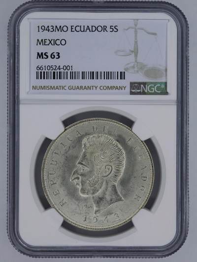 观钱 近现代机制币拍卖No.006（全场顺丰包邮，不区分偏远地区）  - 1943 年厄瓜多尔 5 苏克雷（墨西哥造）银币 NGC MS63 