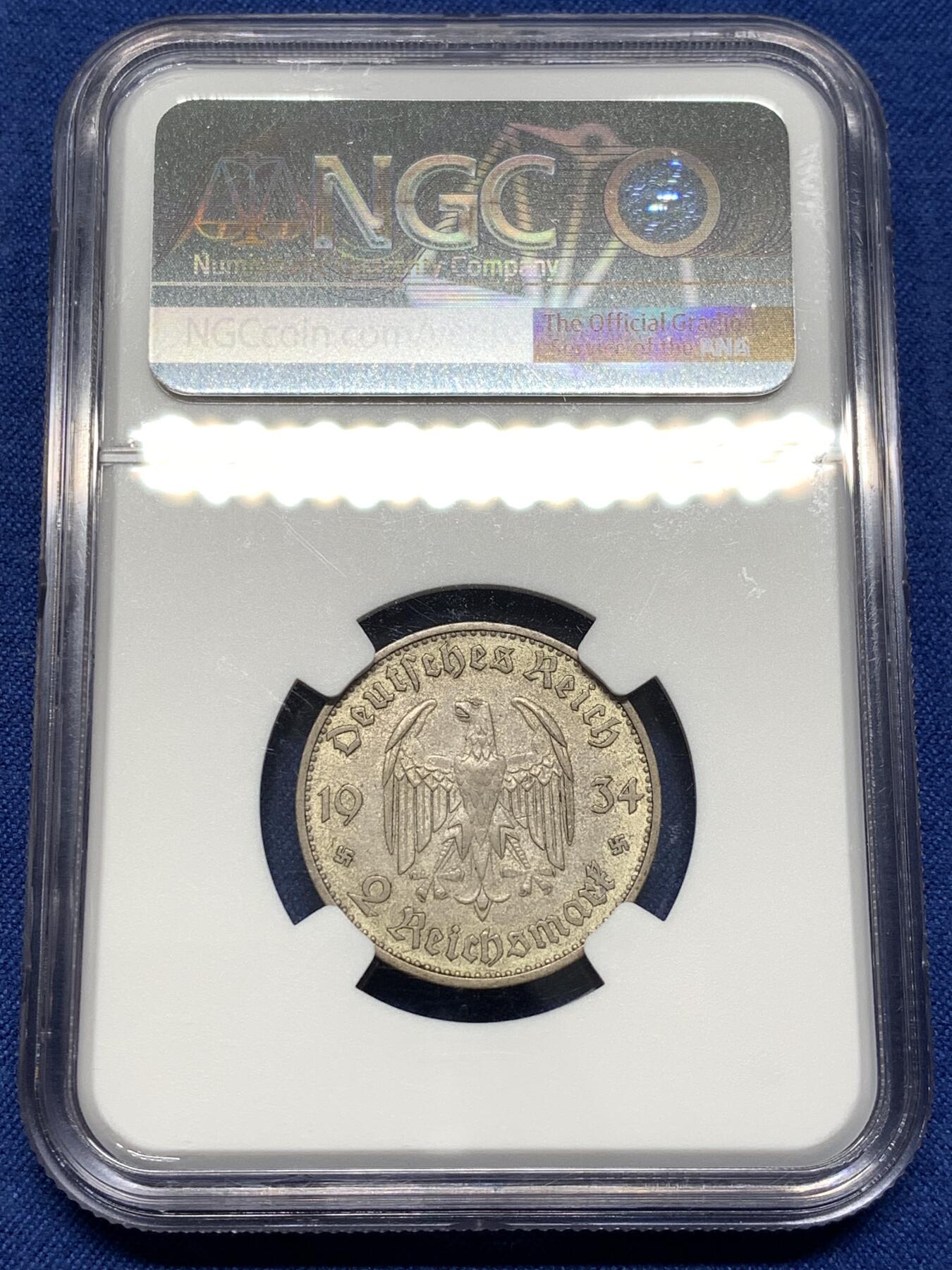 《竞宝斋》第476场 周日，周一 2场连拍 （全场包邮）欢迎送拍 NGC AU55 德国1934年教堂2马克 POTSDAM教堂 经典品种 高性价比之选 签字版少见 有分更难