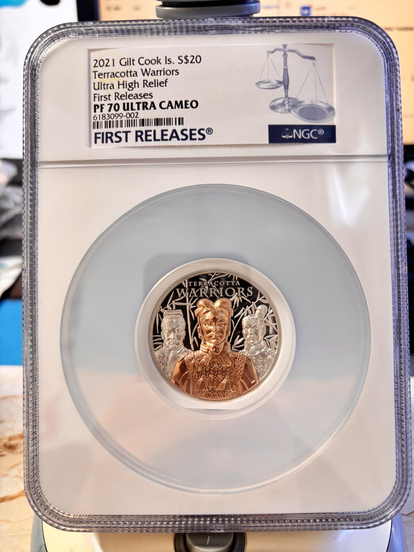 第196期拍卖 库克2021秦始皇兵马俑3盎司镀金银币NGC-PF70首，999银，发行500枚