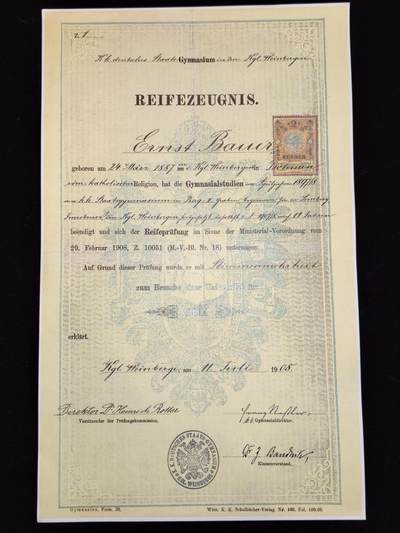 凯旋世界勋赏（第23期）（欢迎送拍）（对拍品有疑问请询问客服，不接受到手刀，出价默认拍品品相。请认真阅读拍卖规则！出价默认已认可！）（收到货请录制开箱视频，无视频概不处理问题。） - （复印件，原件可能丢失）奥匈帝国 1908年 安东·鲍尔之子，恩斯特·鲍尔在 皇家温贝格国立德意志文理中学 的毕业证书，结果为被宣布为已成熟，准予进入大学深造  