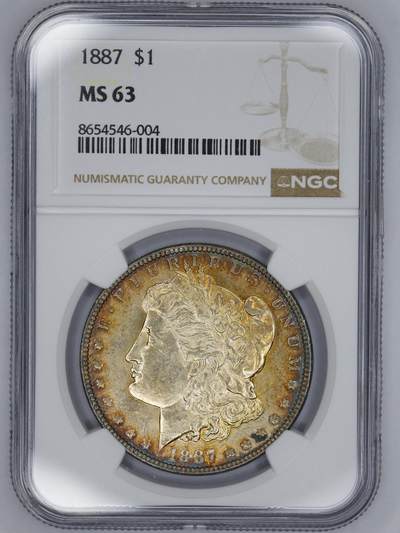 观钱 近现代机制币拍卖No.006（全场顺丰包邮，不区分偏远地区）  -  1887 年美国摩根壹圆银币（NGC MS63 五彩包浆）