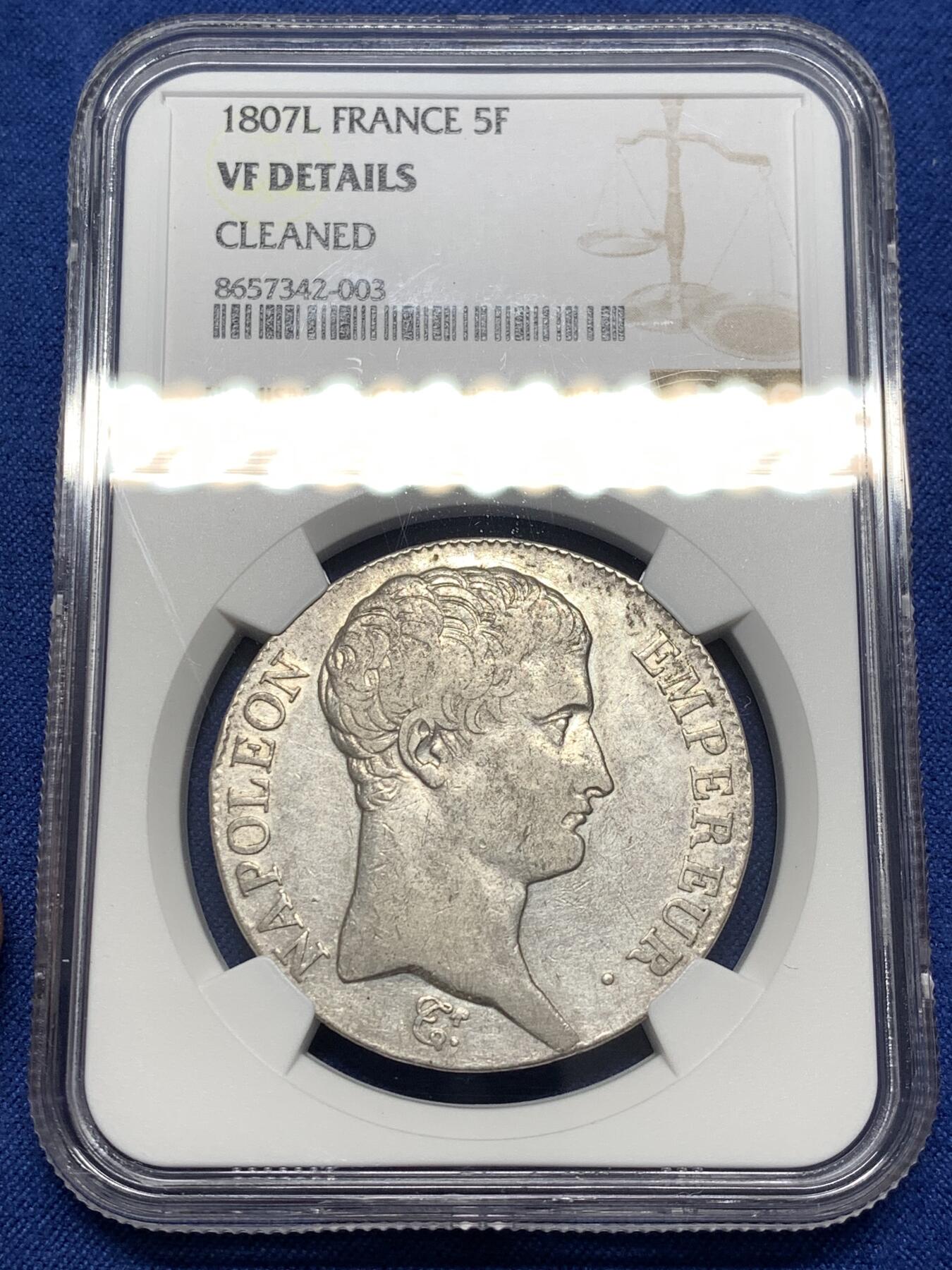 《竞宝斋》第476场 周日，周一 2场连拍 （全场包邮）欢迎送拍 NGC VFD 法国1807年L厂拿破仑一世5法郎银币 首年