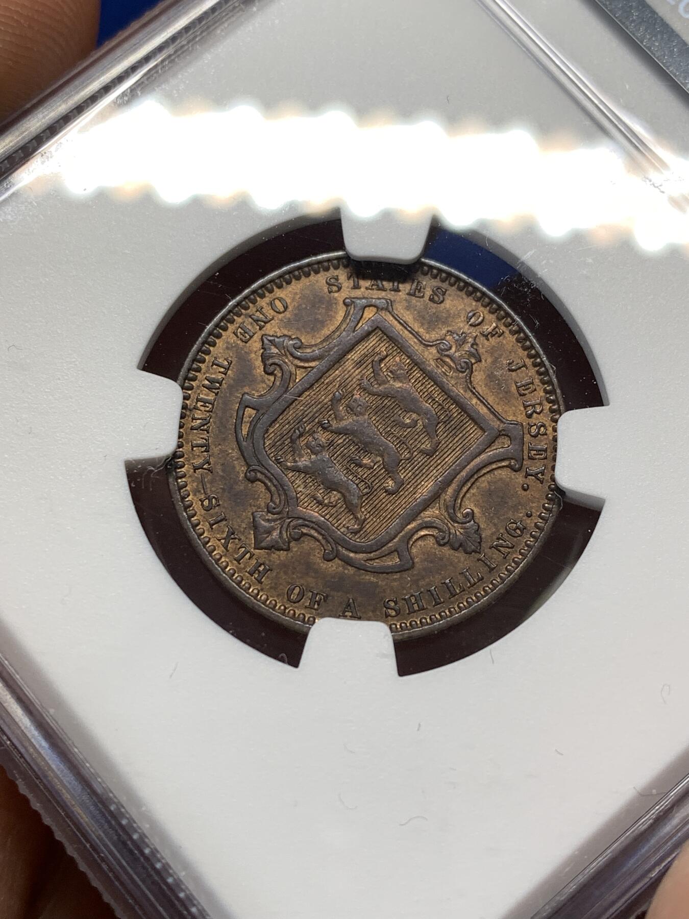 《竞宝斋》第476场 周日，周一 2场连拍 （全场包邮）欢迎送拍 NGC AU58BN 英属泽西岛1866年1/26先令铜币