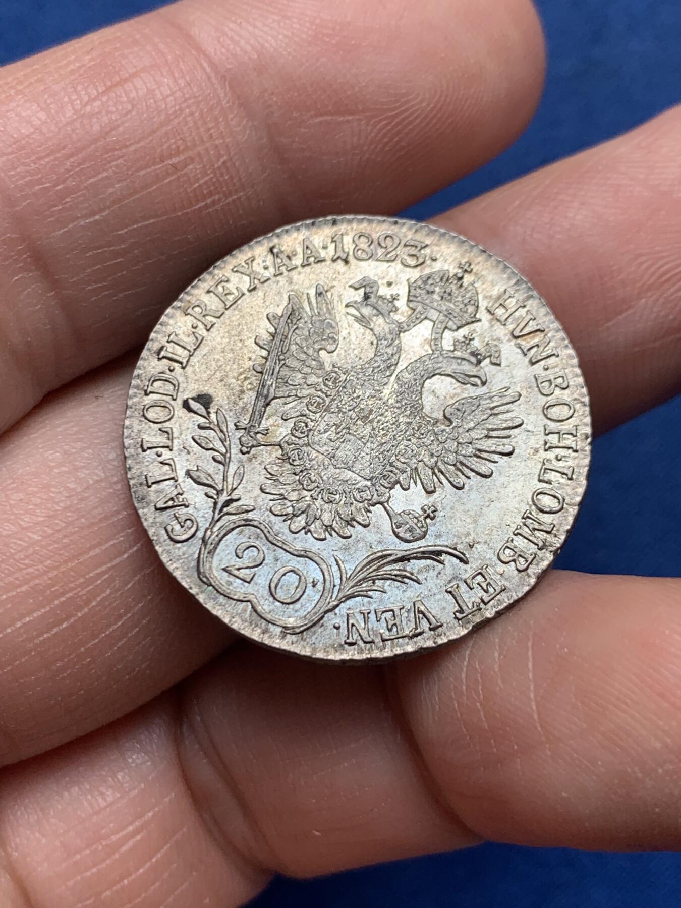 《竞宝斋》第476场 周日，周一 2场连拍 （全场包邮）欢迎送拍 奥地利1823年弗朗索瓦一世（小头）20克鲁泽银币 好品