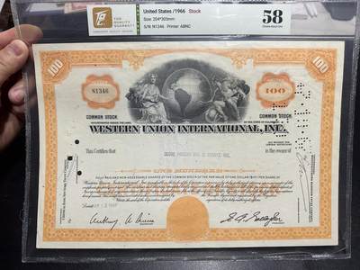 《外钞收藏家》第六百二十二期（精品场）（长期征集拍品、欢迎藏友们联系合作） - 1966年美国雕刻版股票100面额 TQG评级58/1346