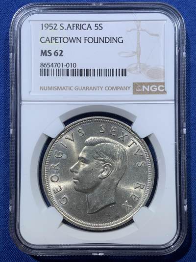 《竞宝斋》第476场 周日，周一 2场连拍 （全场包邮）欢迎送拍 - NGC MS62 南非1952年发现开普敦建城300周年5先令银币