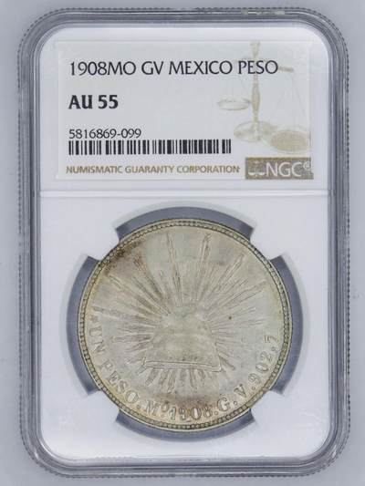 观钱 近现代机制币拍卖No.006（全场顺丰包邮，不区分偏远地区）  - 1908 年墨西哥 MO GV 直边鹰洋一比索银币（NGC AU55）