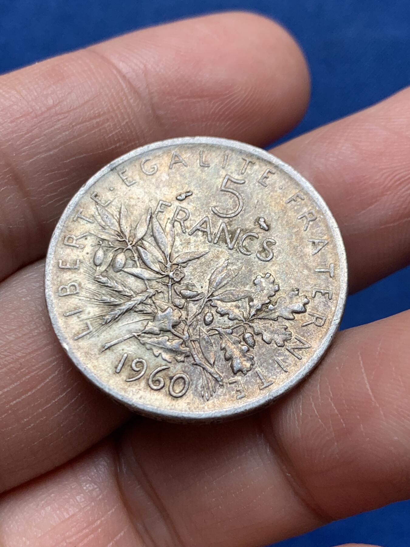 《竞宝斋》第476场 周日，周一 2场连拍 （全场包邮）欢迎送拍 法国1960年播种女神5法郎银币，12.05克，835银