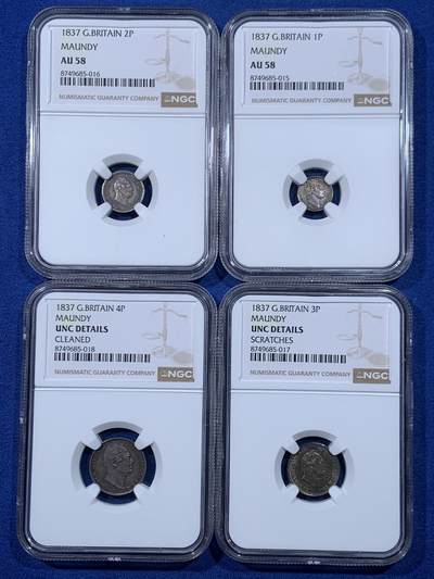 《竞宝斋》第476场 周日，周一 2场连拍 （全场包邮）欢迎送拍 - 四枚一组 NGC AU58-UNCD 英国1837年威廉四世濯足币 1-4便士银币
