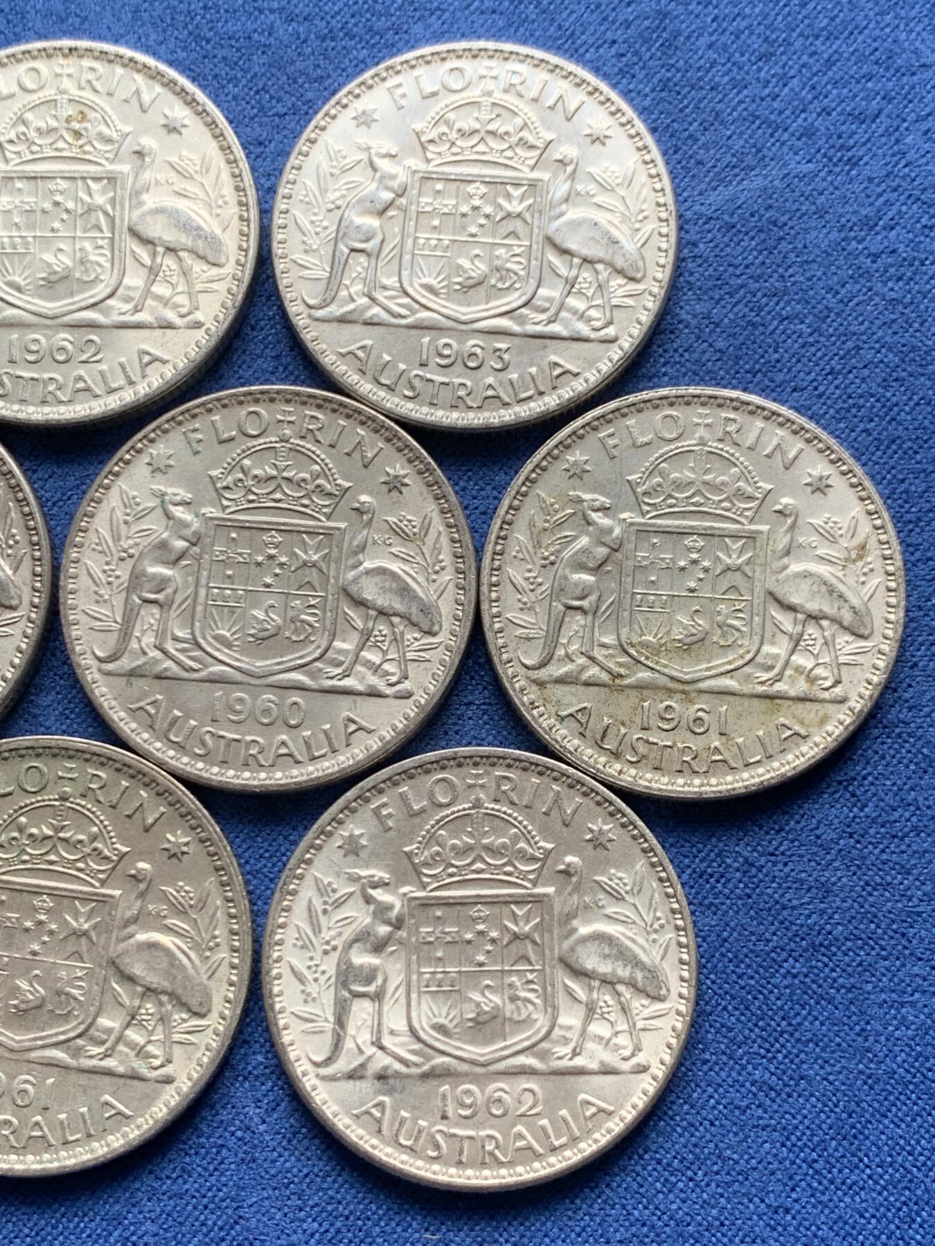 《竞宝斋》第476场 周日，周一 2场连拍 （全场包邮）欢迎送拍 七枚一组 澳大利亚1960年维多利亚二世1弗罗林银币 500银 总重约79.2克