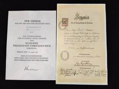 凯旋世界勋赏（第23期）（欢迎送拍）（对拍品有疑问请询问客服，不接受到手刀，出价默认拍品品相。请认真阅读拍卖规则！出价默认已认可！）（收到货请录制开箱视频，无视频概不处理问题。） - （复印件，原件可能丢失）全部属于恩斯特·鲍尔，德三 25年忠诚服务勋章证书 1942年颁发给 时任柏林高级林务官 恩斯特·鲍尔，总统府秘书长 迈斯纳签发（左侧）奥地利第一共和国 林务官国家考试证书 1920年颁发给大学毕业的工程师 恩斯特·鲍尔