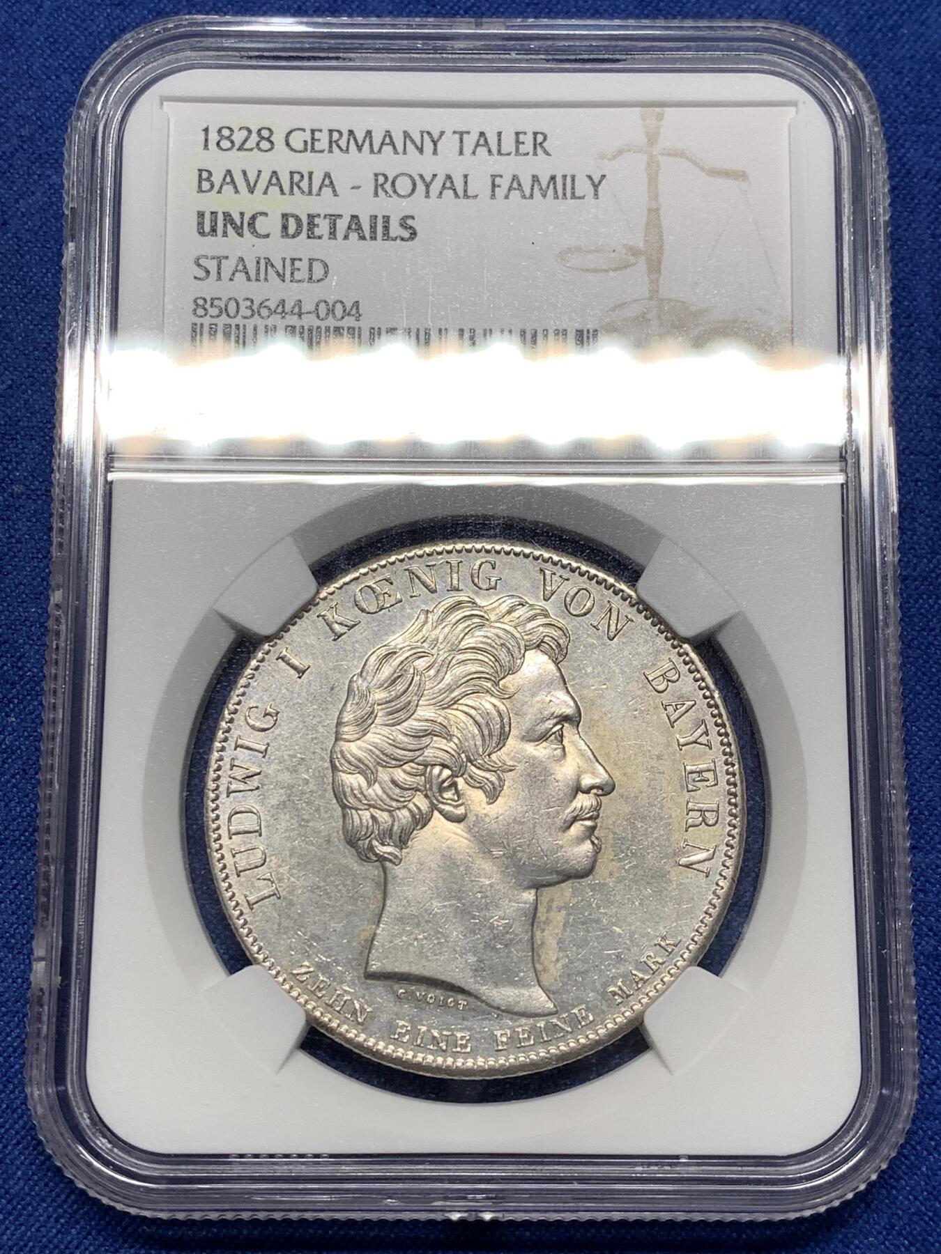 《竞宝斋》第476场 周日，周一 2场连拍 （全场包邮）欢迎送拍 NGC UNC 德意志巴伐利亚王国1828年天堂赐予皇室家族的祝福1泰勒大银币 细节底板都不错 性价比之选