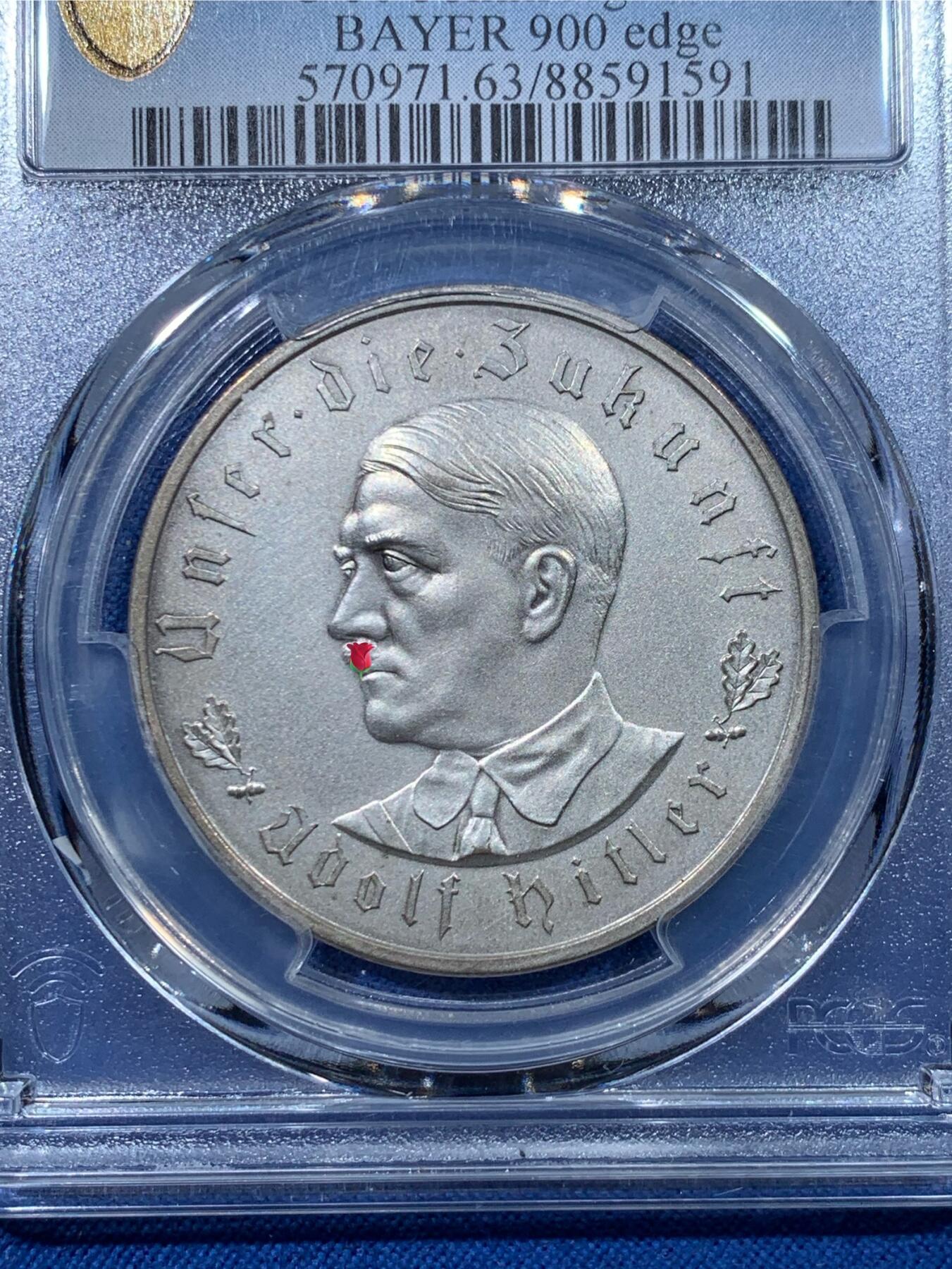 《竞宝斋》第476场 周日，周一 2场连拍 （全场包邮）欢迎送拍 PCGS SP63 德国1933年民族社会主义工人党党魁成功当选总理纪念银章 品相很好 目测低评