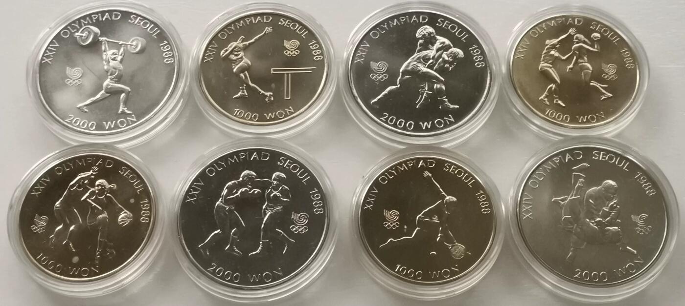 精品币专拍场 原盒 韩国1988年1000+2000元汉城奥运会纪念币8枚全套UNC铜镍硬币