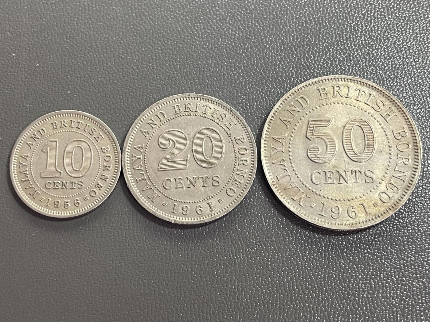 回流0406 马来亚和英属婆罗洲（Malaya and British Borneo）伊丽莎白二世版分币，包含10分（1956）、20分（1961）、50分（1961）