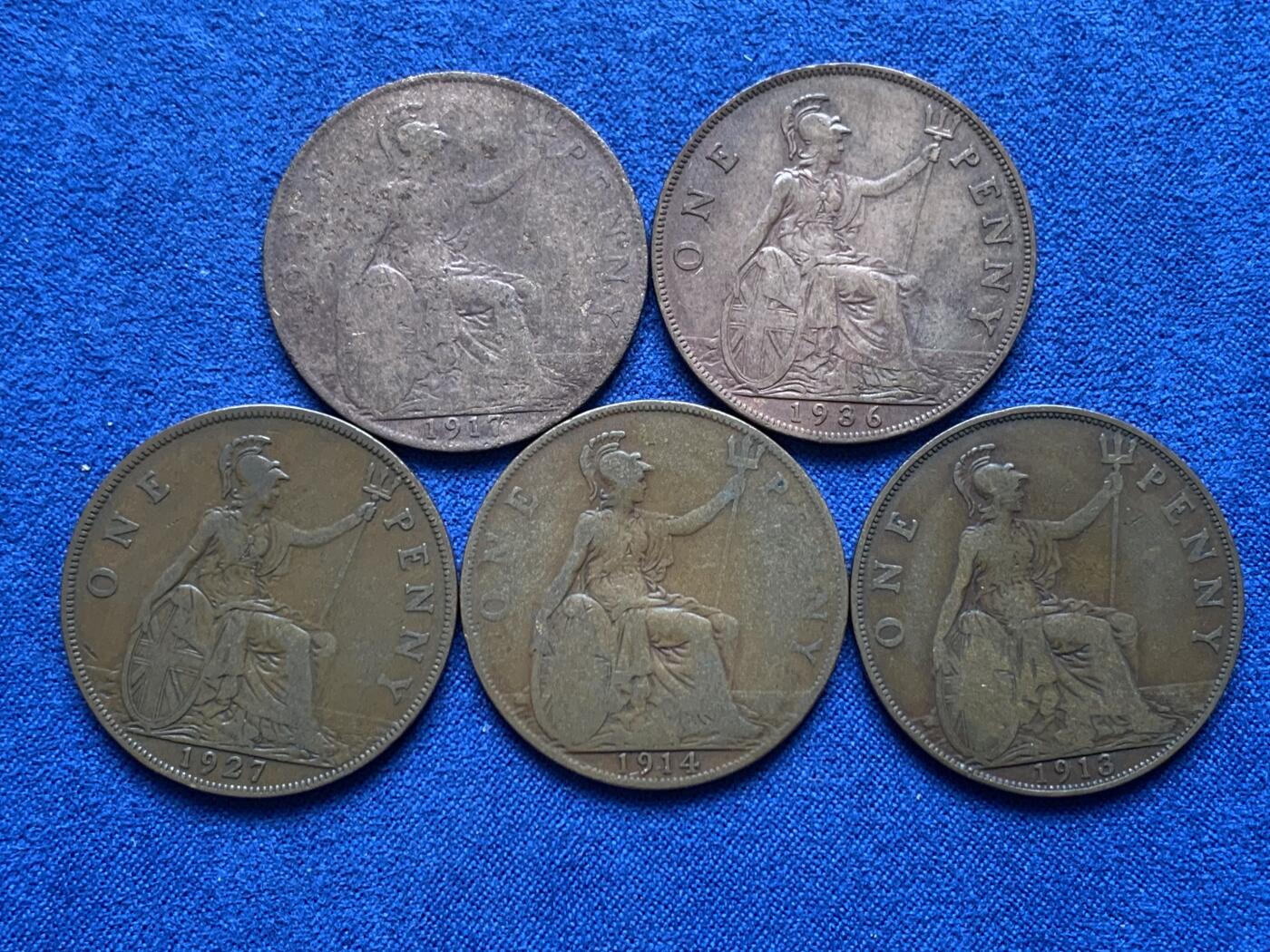 《竞宝斋》第476场 周日，周一 2场连拍 （全场包邮）欢迎送拍 五枚一组 英国 1913-1936年 乔五便士，乔五统治时期的完整见证品