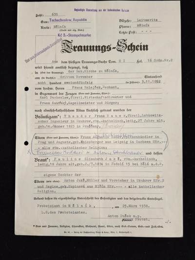 凯旋世界勋赏（第23期）（欢迎送拍）（对拍品有疑问请询问客服，不接受到手刀，出价默认拍品品相。请认真阅读拍卖规则！出价默认已认可！）（收到货请录制开箱视频，无视频概不处理问题。） - 德三 西奥多·鲍尔（安东·鲍尔之父） 与 保琳·伊丽莎白·雅克什 1852年的结婚证书 于1939年在维也纳从捷克语翻译成德语的文件，由法院翻译官亲笔签名签发