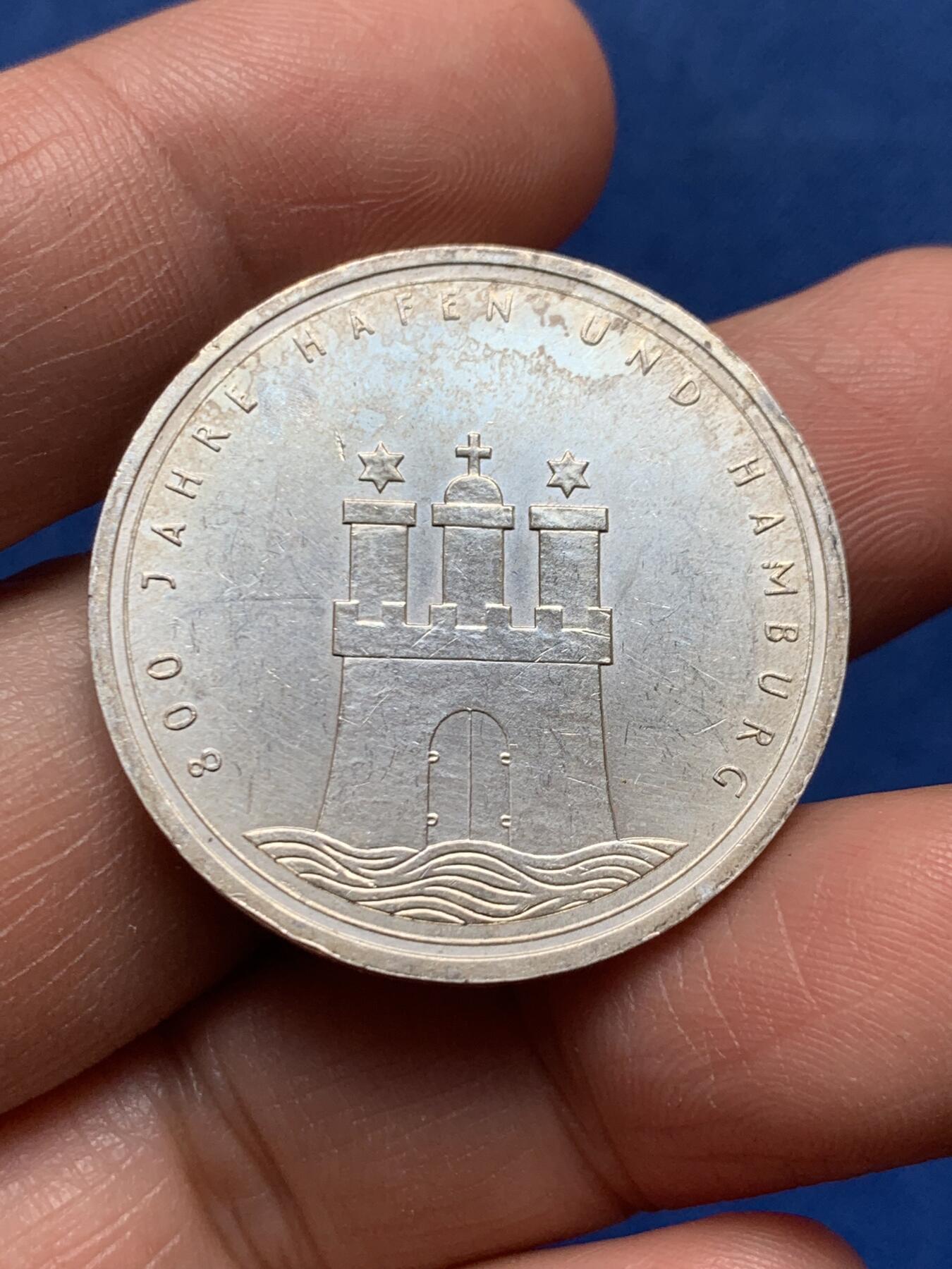 《竞宝斋》第476场 周日，周一 2场连拍 （全场包邮）欢迎送拍 德国1989年汉堡港800周年纪念10马克银币