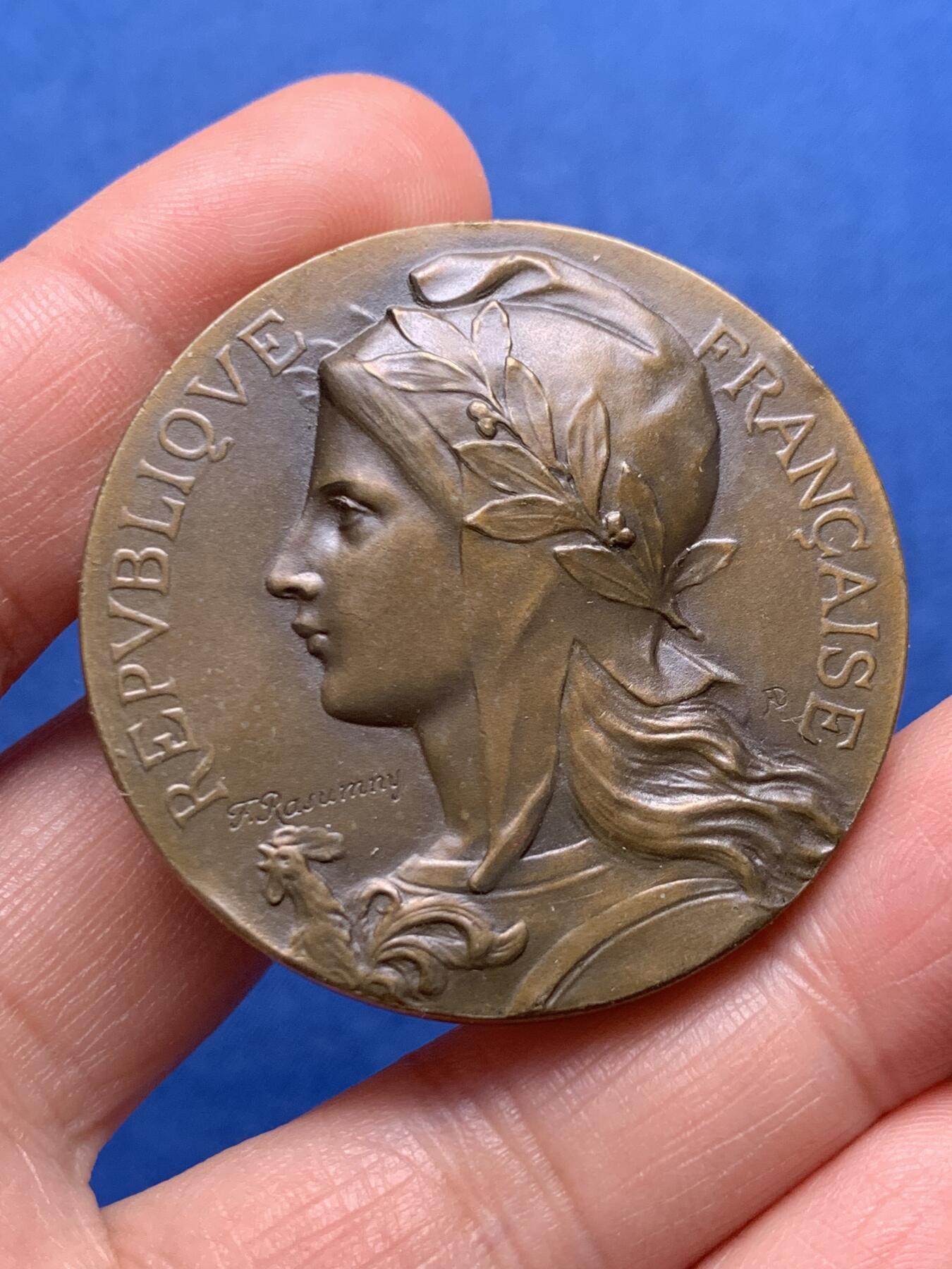 《竞宝斋》第476场 周日，周一 2场连拍 （全场包邮）欢迎送拍 法国铜章 未知年份 玛丽安娜女神 希农行政区农业竞赛 直径44.5mm 重量40.2g