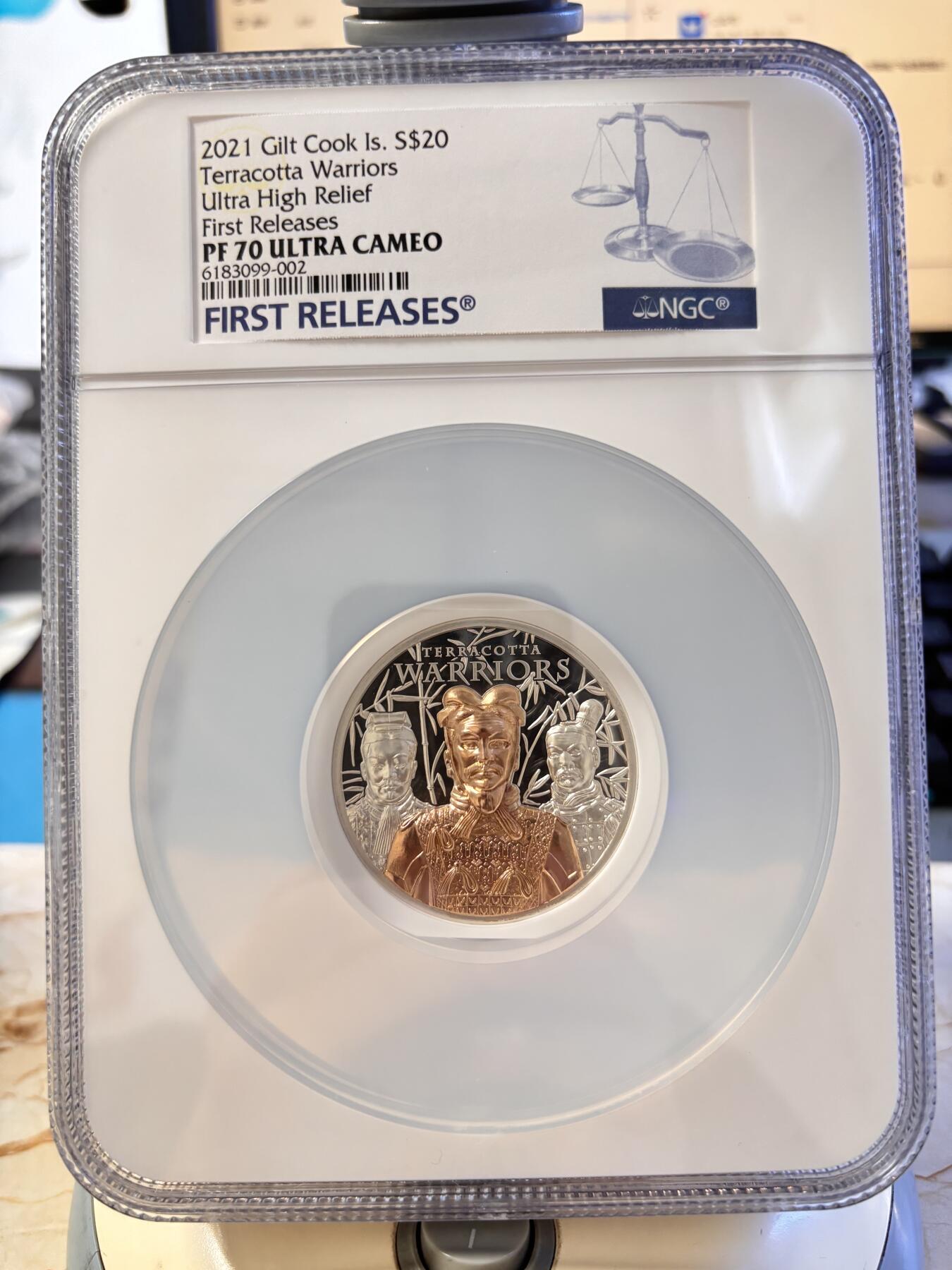 第196期拍卖 库克2021秦始皇兵马俑3盎司镀金银币NGC-PF70首，999银，发行500枚