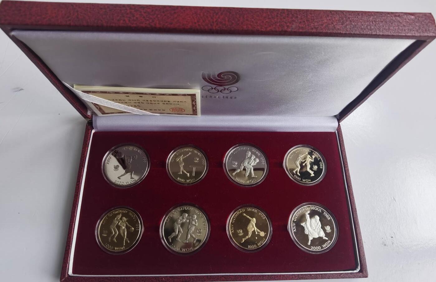 精品币专拍场 原盒 韩国1988年1000+2000元汉城奥运会纪念币8枚全套UNC铜镍硬币