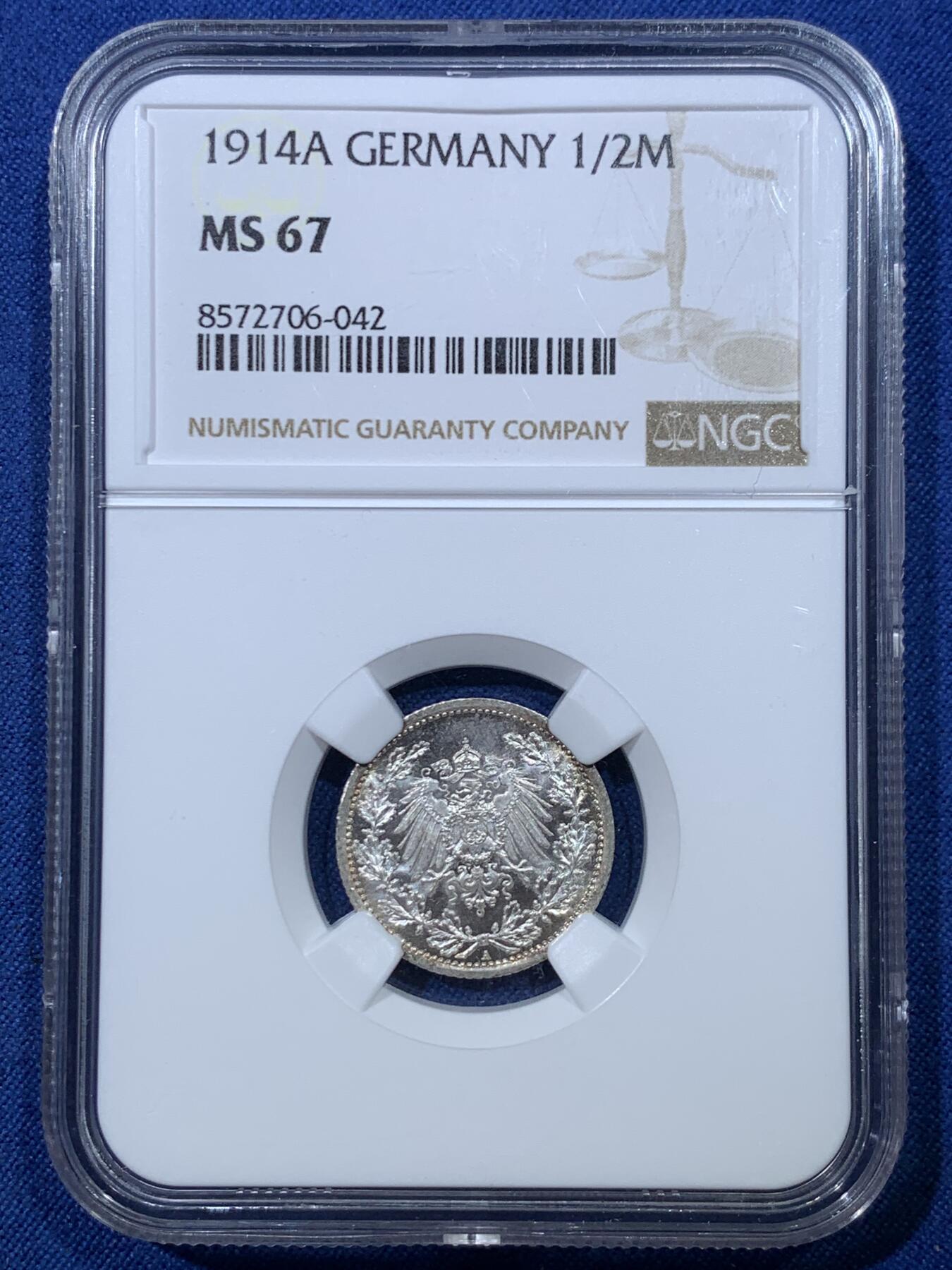 《竞宝斋》第476场 周日，周一 2场连拍 （全场包邮）欢迎送拍 NGC MS67 德国1914年1/2马克银币 A厂铭