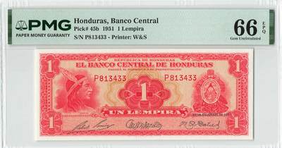 小福收藏拍卖第204期 评级币精选场 本期有 荷兰经典AA冠拿杯子的蛇 叙利亚世遗帕尔米拉古城豹子号冠军分 法国红衣主教冠军分 意大利经典达芬奇   白俄罗斯 "Millennium" 纪念版AA冠全同千位号全套  南斯拉夫铁托未发行版 美国 墨西哥 越南 法属印度支那等多国精美高分珍稀老钞精品纸币 - 洪都拉斯 1951年 1伦皮拉 罕见早期年份 双尾 PMG66 EPQ 季军分（冠亚军分仅各1枚）