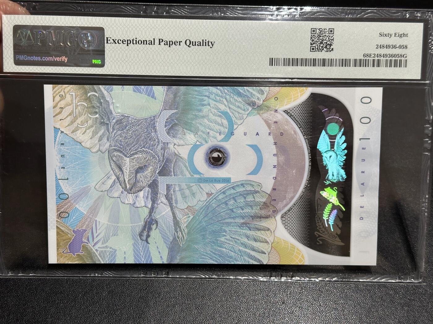 《外钞收藏家》第六百二十二期（精品场）（长期征集拍品、欢迎藏友们联系合作） 2016年德纳罗 塑料钞 测试钞 猫头鹰 PMG68 无47