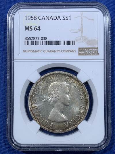 《竞宝斋》第476场 周日，周一 2场连拍 （全场包邮）欢迎送拍 - NGC MS64 加拿大1958年不列颠哥伦比亚省100周年1元纪念银币，背面包浆繁星点点，分数不错