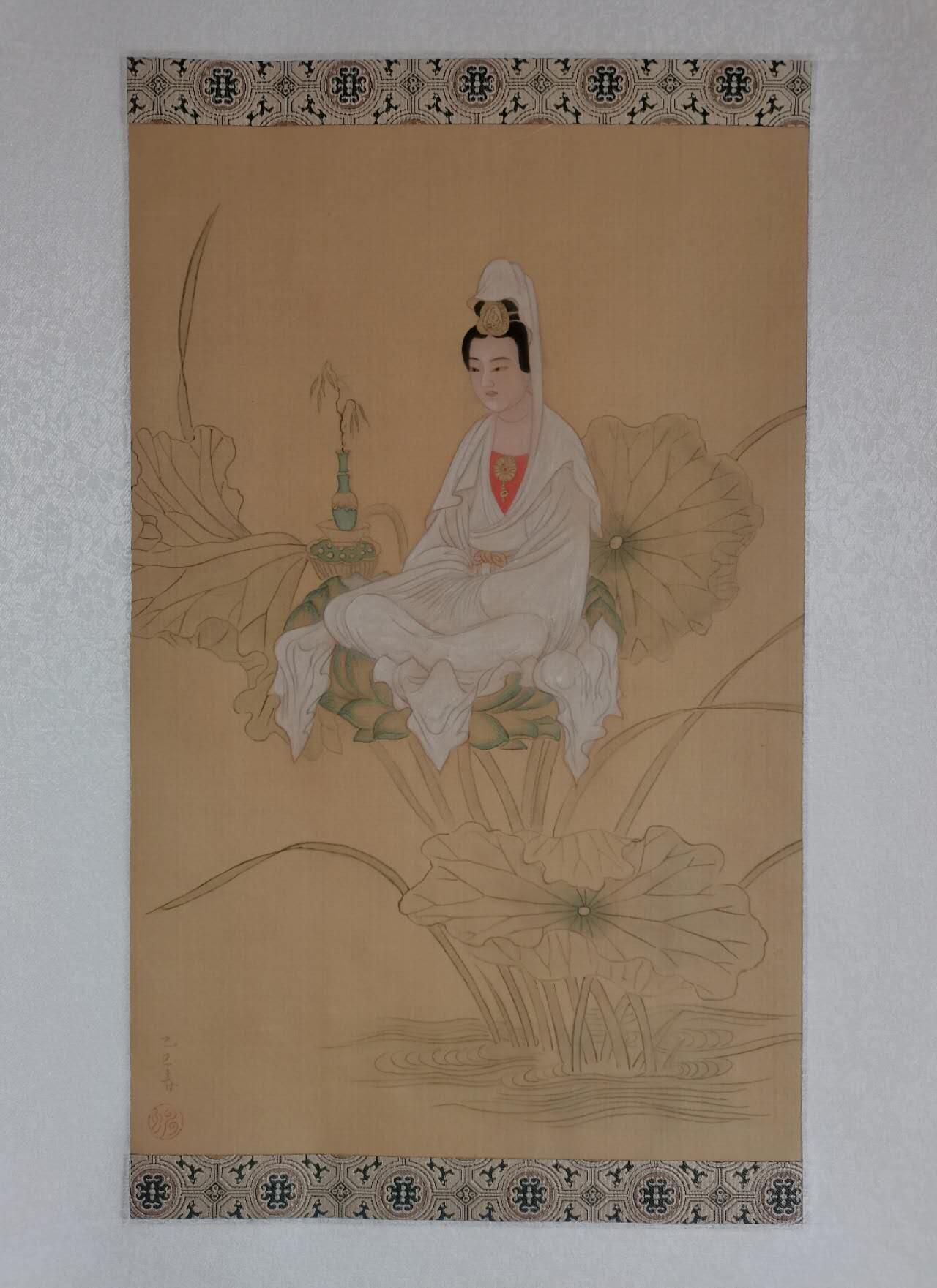 绢本手工《白衣大士静修图》工笔古法 香堂静谧观音 