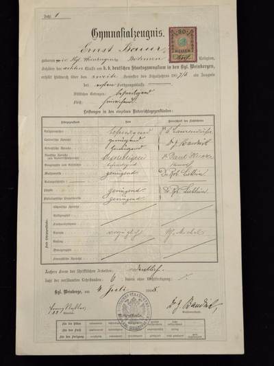 凯旋世界勋赏（第23期）（欢迎送拍）（对拍品有疑问请询问客服，不接受到手刀，出价默认拍品品相。请认真阅读拍卖规则！出价默认已认可！）（收到货请录制开箱视频，无视频概不处理问题。） - 奥匈帝国 1908年，也就是中学最后一学年，安东·鲍尔之子，恩斯特·鲍尔在 皇家国立德意志文理中学 的成绩单  校长与班主任亲笔签名签发