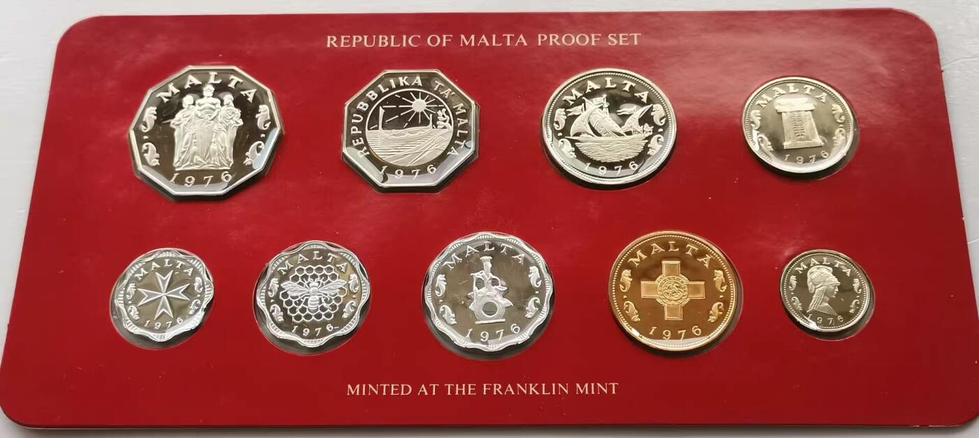 精品币专拍场 原盒证Proof-1 马耳他1976年精制硬币9枚套币全套1-2-3-5-10-50分