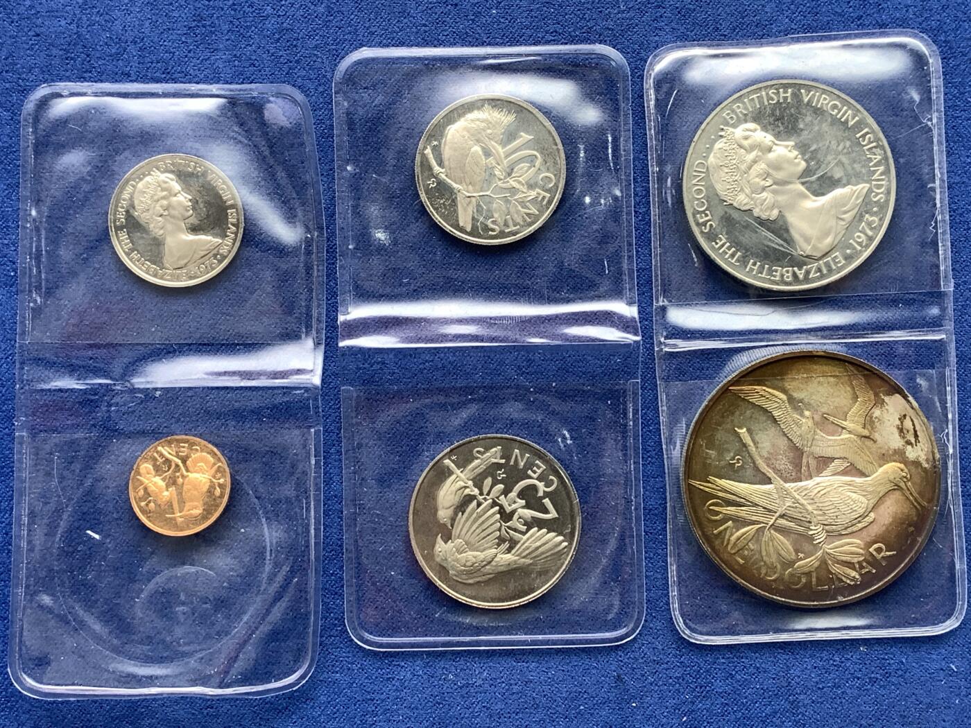 《竞宝斋》第476场 周日，周一 2场连拍 （全场包邮）欢迎送拍 英属维尔京群岛 1973年 精制套币六枚 含一元军舰鸟银币 原盒