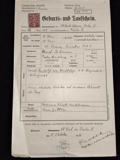 凯旋世界勋赏（第23期）（欢迎送拍）（对拍品有疑问请询问客服，不接受到手刀，出价默认拍品品相。请认真阅读拍卖规则！出价默认已认可！）（收到货请录制开箱视频，无视频概不处理问题。） - 捷克斯洛伐克共和国 厄内斯廷·鲁道夫·冯·瓦特堡（安东·鲍尔妻子）的父亲的 出生与洗礼证明 由布拉格的天主教总教区的行政官于1936年亲笔签名签发