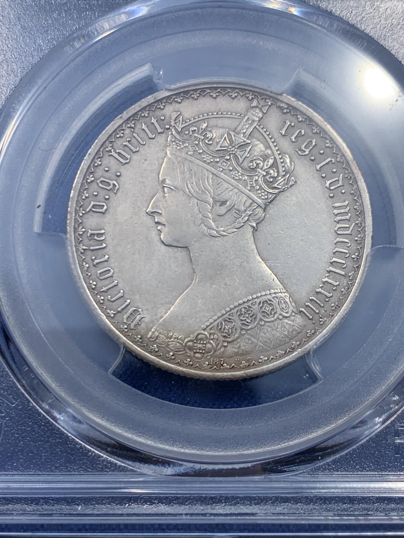 《竞宝斋》第476场 周日，周一 2场连拍 （全场包邮）欢迎送拍 NGC AUD 英国1873哥特弗洛林，少见年份，一流状态细节，AU92过于严苛