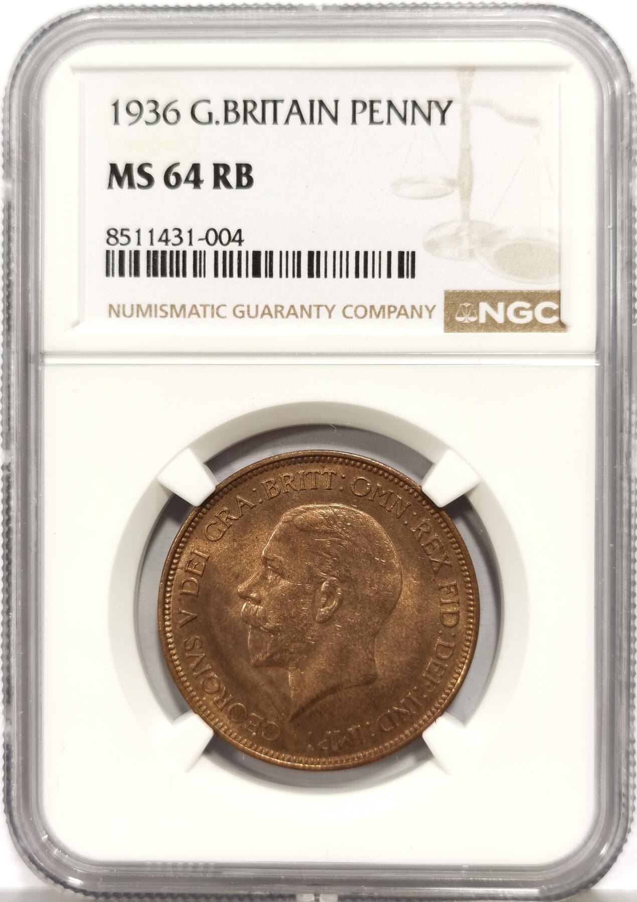 博洋堂世界钱币拍卖第167期（全场包邮） NGC MS64RB 英国1936年乔治五世一便士铜币，关门特年