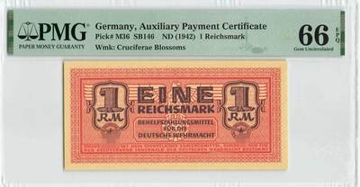 小福收藏拍卖第204期 评级币精选场 本期有 荷兰经典AA冠拿杯子的蛇 叙利亚世遗帕尔米拉古城豹子号冠军分 法国红衣主教冠军分 意大利经典达芬奇   白俄罗斯 "Millennium" 纪念版AA冠全同千位号全套  南斯拉夫铁托未发行版 美国 墨西哥 越南 法属印度支那等多国精美高分珍稀老钞精品纸币 - 德国 1942年 1马克 军票 PMG66 EPQ 季军分