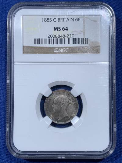 《竞宝斋》第476场 周日，周一 2场连拍 （全场包邮）欢迎送拍 - NGC MS64 英国1885年小维流通6便士银币，双面青金彩，靓丽包浆，美丽动人，老N盒品质保障。英系凑套精品，克书价250美金